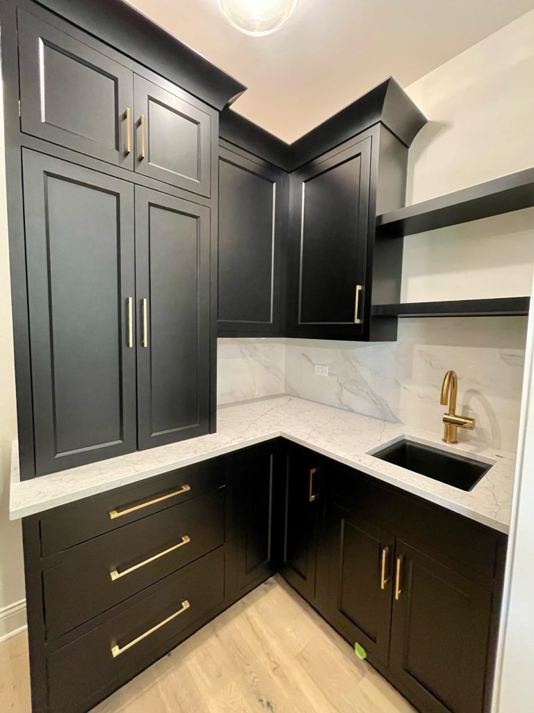 Black cabinetry bar with brass hardware and quartz backsplash